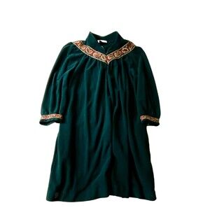 Vintage Vanity Fair Green Zip Front House Dress XXL Paisley Trim USA 1970s